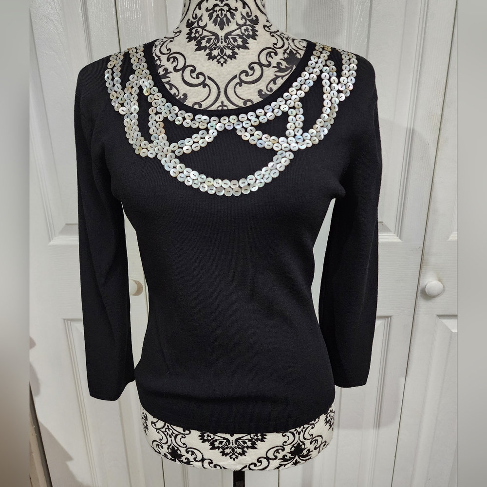 Sonia Black 3/4 Sleeve Sequin Beaded Neckline Stretch Top